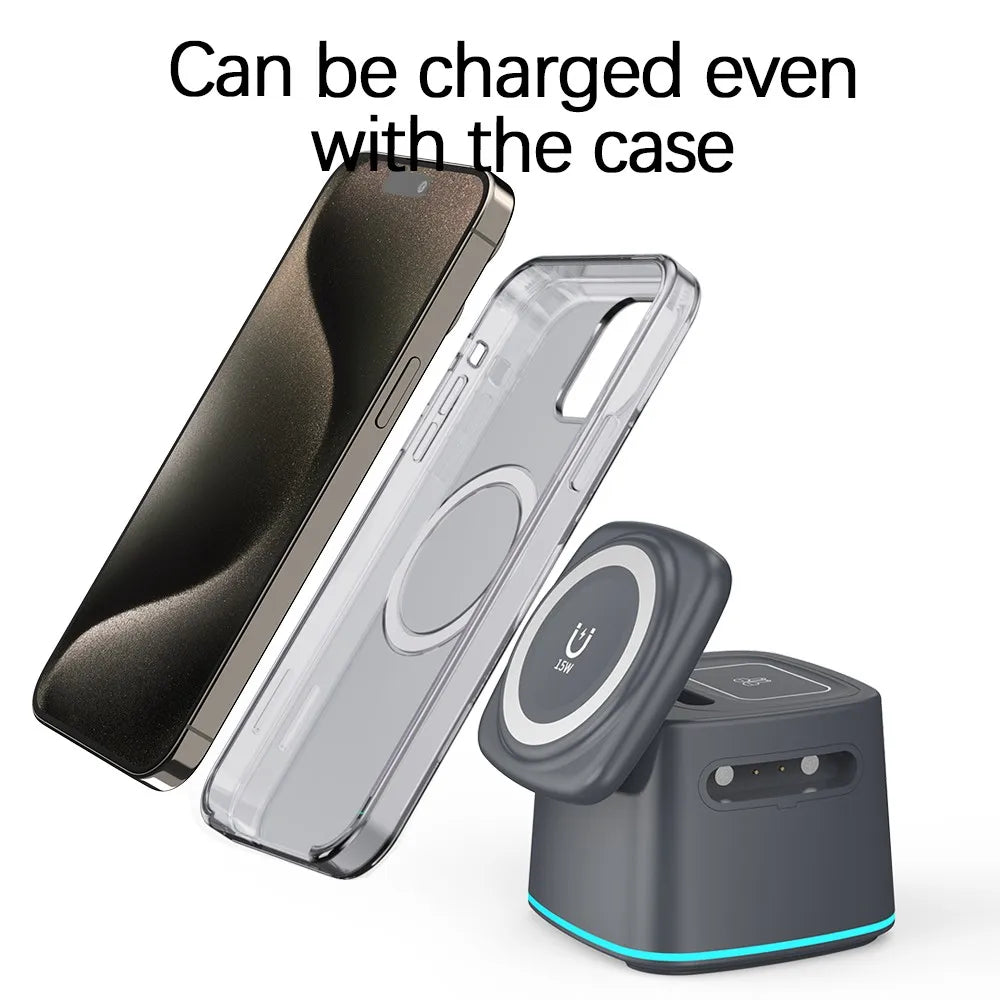 Custom Logo 3 in 1 Cube Foldable Wireless Charger for iPhone Magnetic Portable 15W Fast Charging Stand Desktop Charging Station