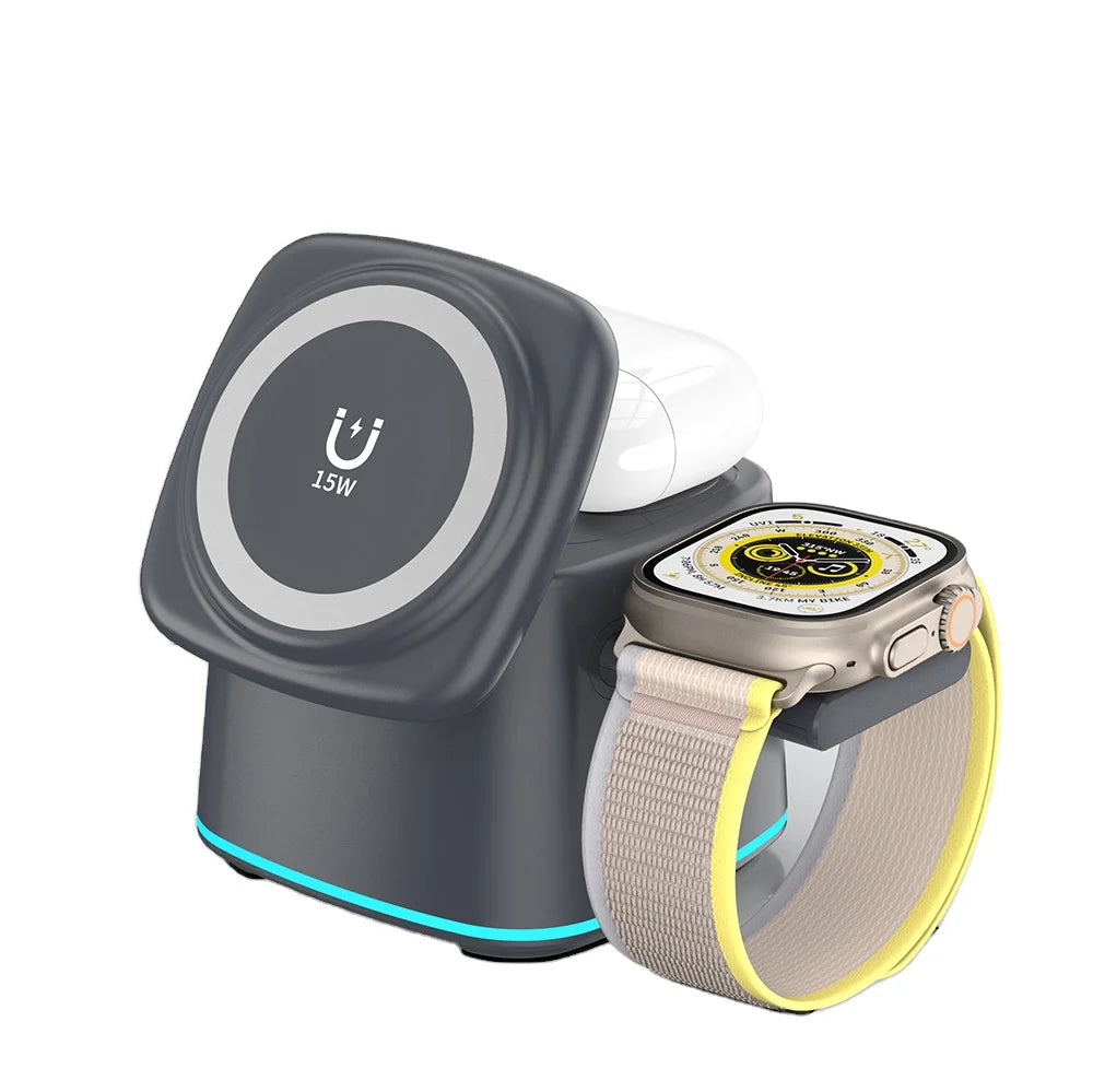 Custom Logo 3 in 1 Cube Foldable Wireless Charger for iPhone Magnetic Portable 15W Fast Charging Stand Desktop Charging Station